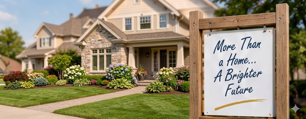 Suburban home with sign reading More Than a Home, A Brighter Future