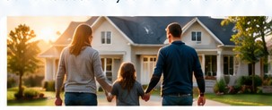 Family walking toward a home at sunset